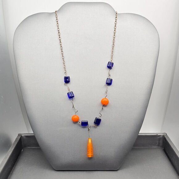 VTG Artisian Necklace Sterling Silver Cobalt Blue & Orange Beaded Necklace 16" - Picture 10 of 11
